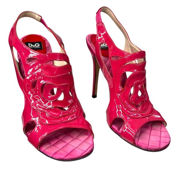 Vintage Dolce & Gabbana Patent Leather Pink Rose Open Toe Heels Size 40 US 10 - Picture 5 of 15